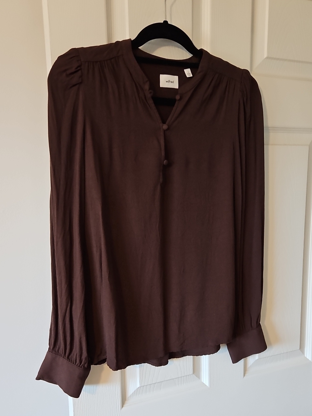 Wilfred Chocolate Brown Long-Sleeve Button-Neck Blouse